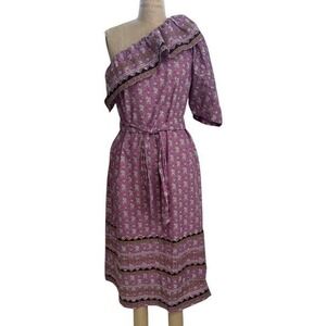 Sea New York One Shoulder Ruffle Midi Dress Size L Perry Border Lilac Floral NEW